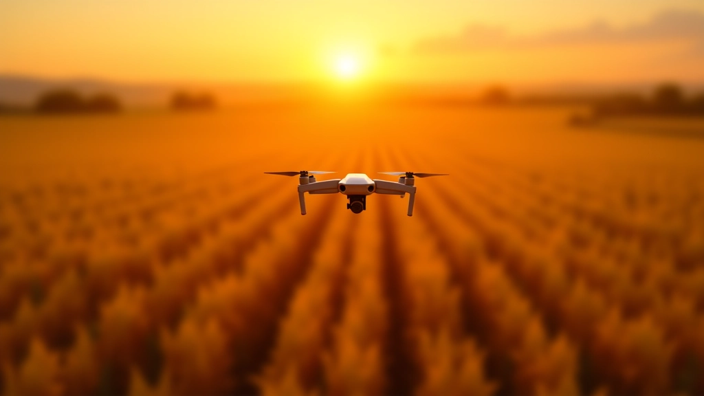 Drone agricolo che sorvola un campo di grano dorato, vista dall'alto con vegetazione verde e righe di coltivazione