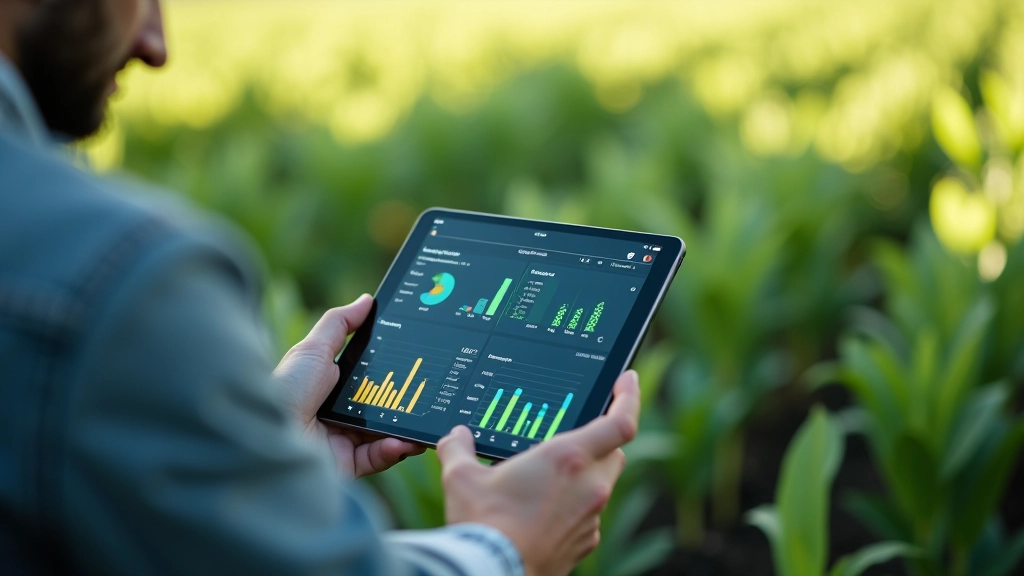 Pannello di controllo con dati di monitoraggio agricolo in tempo reale su schermo, dashboard con grafici e sensori IoT