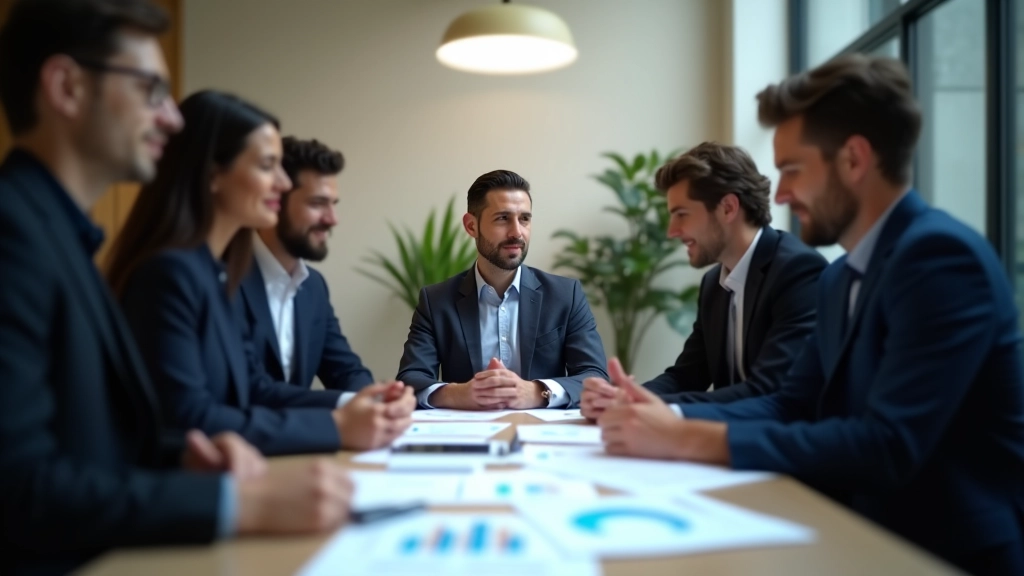 Riunione di imprenditori attorno a un tavolo con grafici e documenti di business plan, ambiente moderno e luminoso