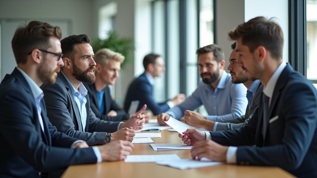 Riunione di founder e investitori in una sala conferenze moderna durante discussione di strategia di crescita