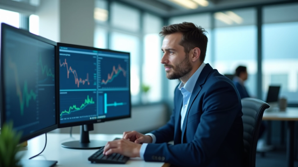 Analista finanziario che esamina metriche e grafici di investimento su monitor, ufficio moderno con documenti