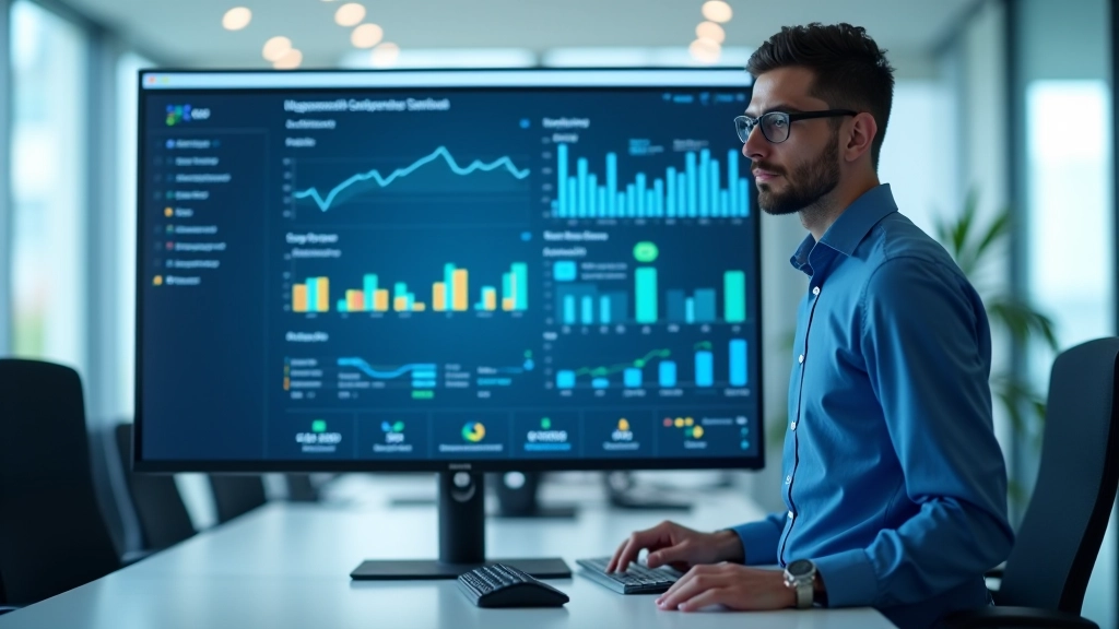 Dashboard analitico di e-commerce con grafici di vendita e metriche di performance su uno schermo aziendale moderno
