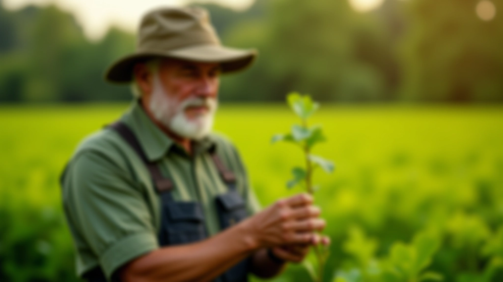 Agricoltore anziano che esamina piante nel campo, immagine che rappresenta la tradizione agricola italiana