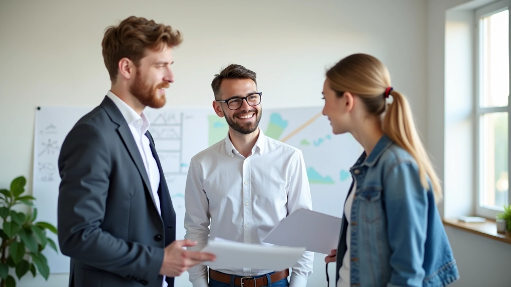 Team di startup che discute strategie di crescita intorno a una lavagna con schizzi e idee, ambiente collaborativo